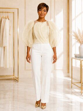 Beige 3D Petal Organza Balloon Sleeve Blouse